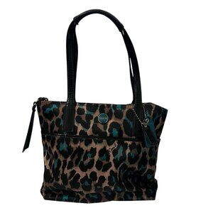 Coach Ocelot Print Tote Teal F25282 Black Teal Brown Shoulder Handbag w Hangtags